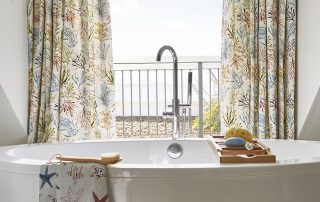 Patterned curtains in a bathroom