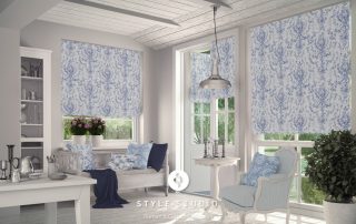 Patterned blue and white roman blinds
