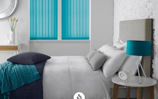 Blue vertical blinds in bedroom