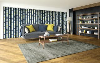 Patterned blue, white and yellow vertical blinds