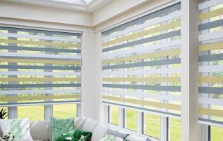 White, beige and blue vision blinds