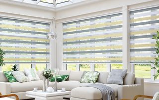 White, blue and beige vision blinds